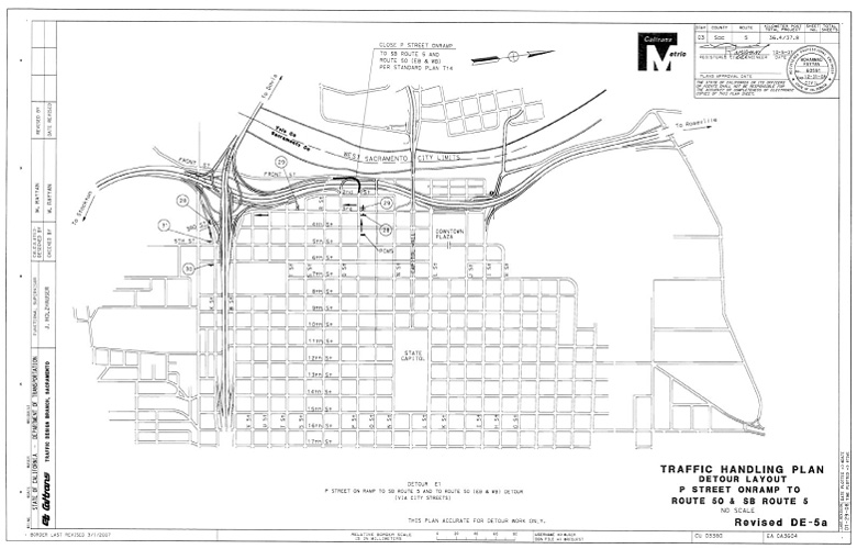 Revised DE-5a Traffic Handling Plan, Detour Layout, P Street Onramp to Route 50 and SB Route 5