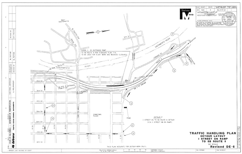 Revised DE-6 Traffic Handling Plan, Detour Layout, I Street Onramp to SB Route 5