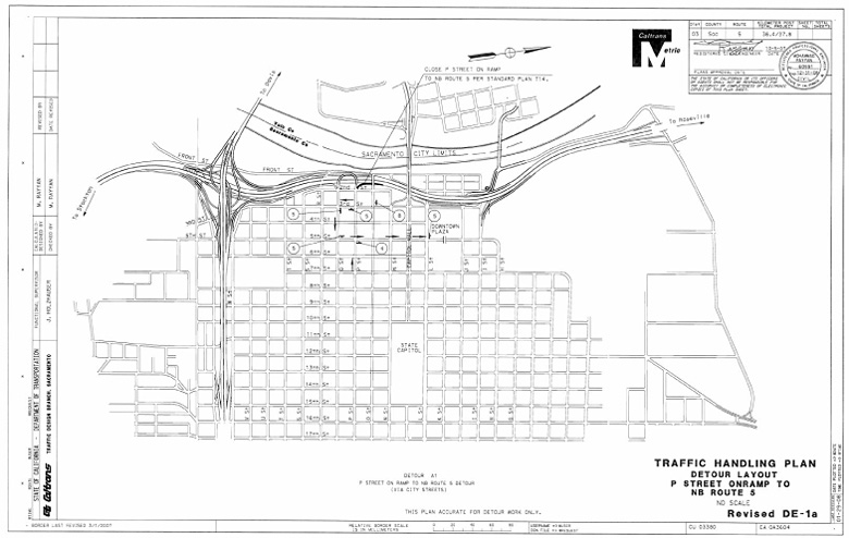 Revised DE-1a Traffic Handling Plan, Detour Layout, P Street Onramp to NB Route 5