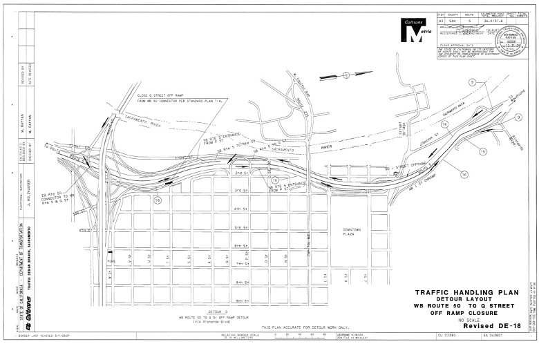Revised DE-18, Traffic Handling Plan, Detour Layout, WB Route 50 to Q Street Off Ramp Closure
