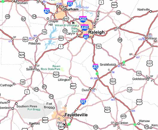 Figure 1. Area Map Showing Relative Location of the Project. This figure contains a map showing the relative location of the project. The project is located in the vicinity of Fayetteville, North Carolina, approximately 60 miles south of Raleigh.
