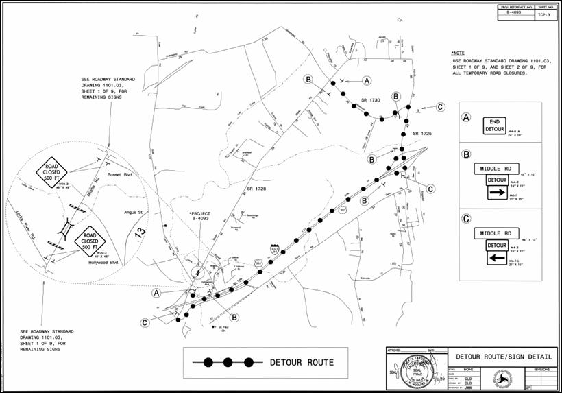 Figure 3. SR 1728 Project Detour Plan. This figure contains a design drawing that depicts the offsite detour used for the SR 1728 project. The project location is magnified in an inset and the offsite detour (US 301/Business 95) is indicated by black dots.