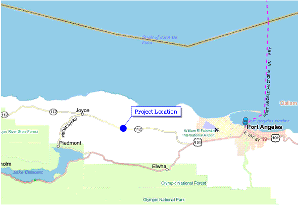 Figure 1. Area Map Showing Relative Location of the Project. This figure contains a map showing the relative location of the SR 112 project site within Washington state. The project site is shown approximately 11 miles west of the City of Port Angeles in northwest Washington state.