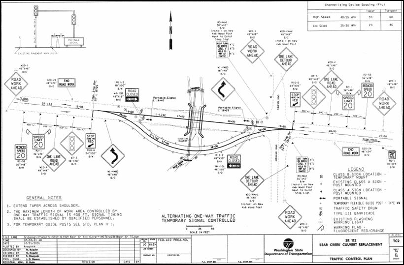 Figure 4. TTC Plan used for Temporary Traffic Signal Operation During Non-work Hours. This figure contains a design drawing that depicts the Temporary Traffic Control (TTC) plan used for temporary traffic signal operations during non-work hours. It shows the work zone, the onsite detour, and the layout of the temporary traffic signal operation.