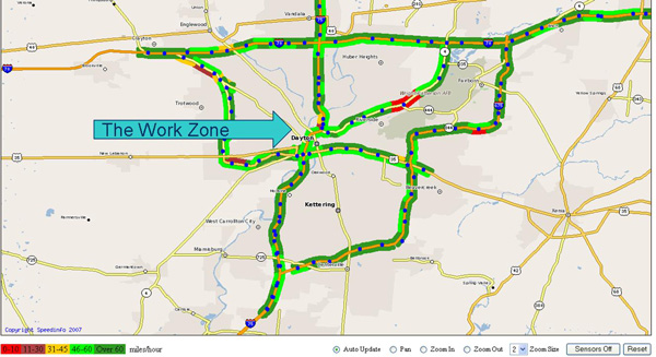 Highway map of Dayton area showing speeds on I-70, I-75, I-675, US 35, and Route 4, highlighting work zone in Dayton