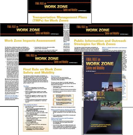 Montage of pages from the Final Rule on Work Zone Safety and Mobility booklets and materials