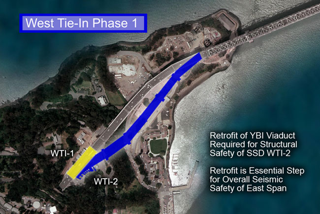 Aerial photo plotting path of west tie-in 2 with south-south detours near tunnel opening. Retrofit of YBI viaduct is required for structural safety of south-south detours and west tie-in 2. Retrofit is an essential step for overall seismic safety of the east span
