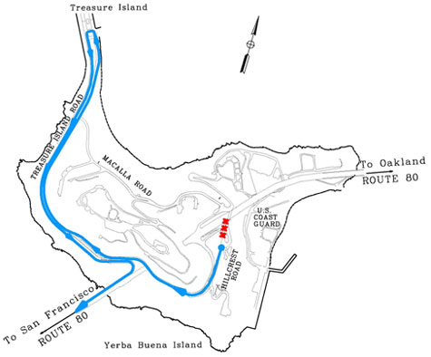 Map showing detour from Southgate Road south on Hillcrest Road to Treasure Island Road, west and north on Treasure Island Road, and looping back south and east on Treasure Island Road to I-80