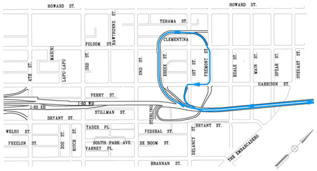Map of portion of San Francisco showing eastbound on-ramp detour from I-80 north on Essex Street to Clementina, east on Clementina to Fremont Street, south on Fremont Street to Harrison Street, and west on Harrison Street to I-80