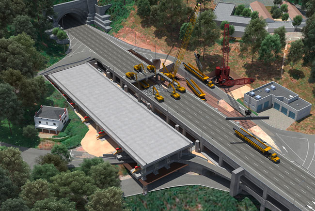 3-D rendering of east span showing a small portion of the existing span removed, with three backhoes on the western edge of the demolished span facing three others on the eastern edge and a crane lowering steel beams onto a flatbed truck