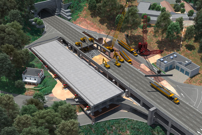 3-D rendering of east span showing a larger portion of the existing span removed, with three backhoes on the western edge of the demolished span facing three others on the eastern edge and a crane lowering steel beams onto a flatbed truck