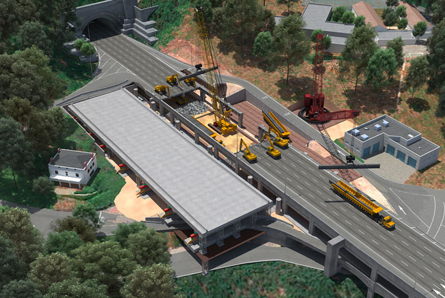 3-D rendering of east span showing a portion of the existing span removed equal to half the length of the new span, with three backhoes on the western edge of the demolished span facing three others on the eastern edge and a crane lowering steel beams onto a flatbed truck