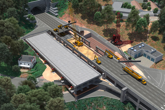 3-D rendering of east span showing a portion of the existing span removed equal to two-thirds the length of the new span, with three backhoes on the western edge of the demolished span facing two others on the eastern edge and a crane lowering steel beams onto a flatbed truck