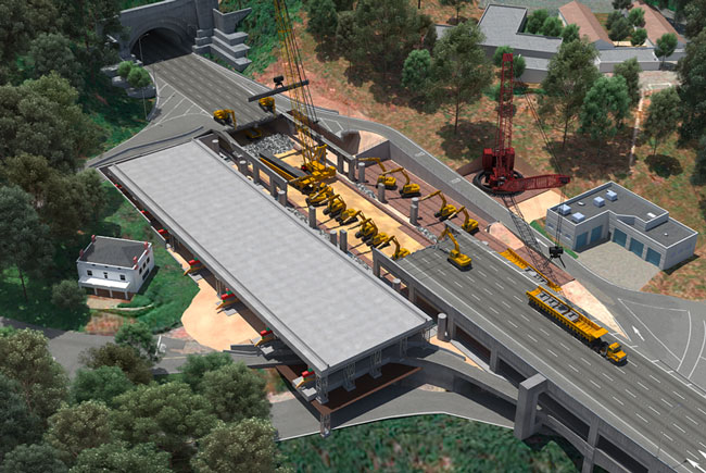 3-D rendering of east span showing most of the existing span removed equal to three-fourths the length of the new span, with two backhoes on the western edge of the demolished span facing one other on the eastern edge, 10 backhoes removing rubble from the lower deck, and a crane lowering steel beams onto a flatbed truck