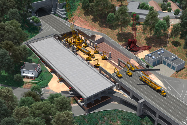 3-D rendering of east span showing most of the existing span removed equal to three-fourths the length of the new span, with three backhoes on the eastern edge of the demolished span, 12 backhoes removing bridge supports from the lower deck, and a crane lowering steel beams onto a flatbed truck