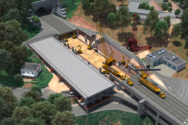 3-D rendering of east span showing all of the existing span removed, with two backhoes on the eastern edge of the demolished span, eight backhoes removing bridge supports from the lower deck, and a crane lowering steel beams onto a flatbed truck