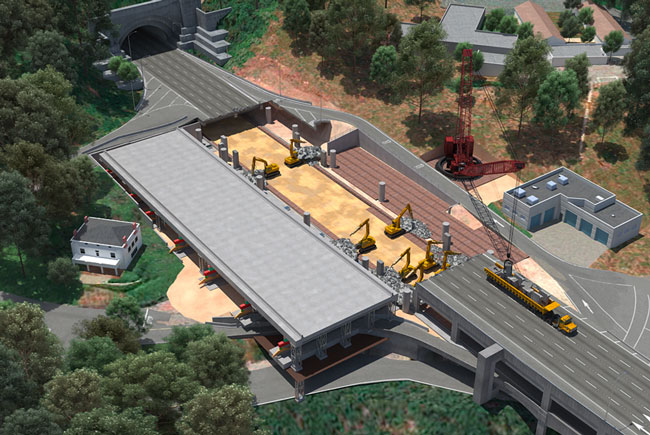 3-D rendering of east span showing all of the existing span removed, with six backhoes removing bridge supports from the lower deck, and a crane lowering bridge supports onto a flatbed truck