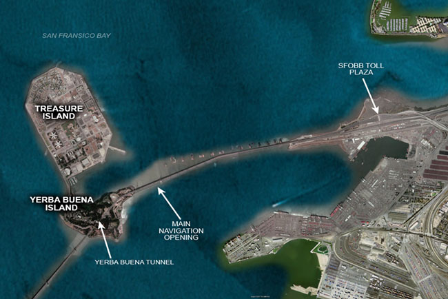 Aerial photo showing Treasure Island, Yerba Buena Island (YBI), Yerba Buena Tunnel, main navigation opening, and SFOBB toll plaza