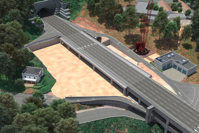 3-D rendering of east span, with lane lines and directional arrows marked on new section