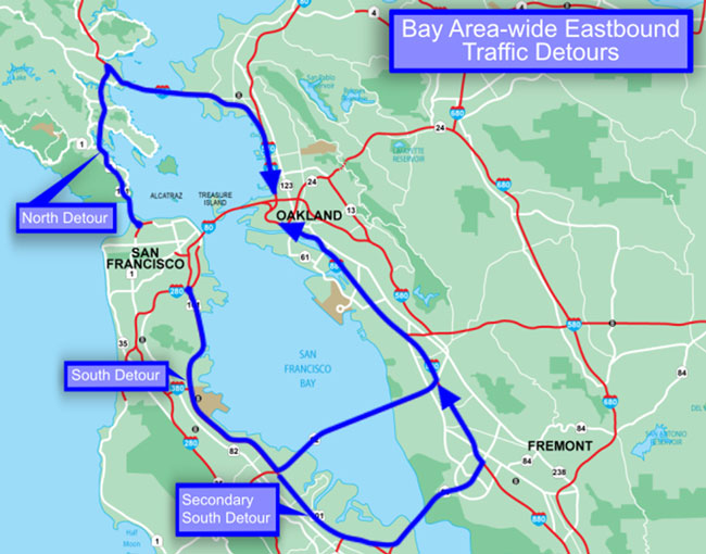 Map showing eastbound detours as north detour north of San Francisco and south detour and secondary south detour south of San Francisco