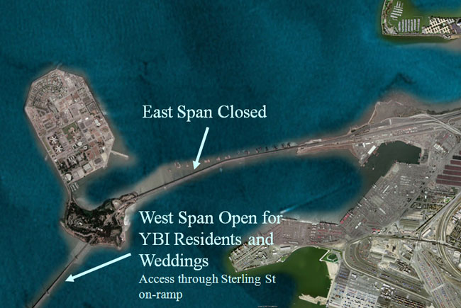 Aerial photo showing the east span closed and the west span open for YBI residents and weddings, access through Sterling Street on-ramp