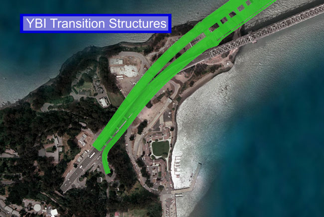 Aerial photo plotting the path of temporary YBI transition structures during construction