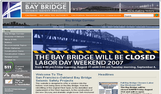 Screen shot of the SFOBB Seismic Safety Projects website with the heading "The Bay Bridge Will Be Closed Labor Day Weekend 2007"