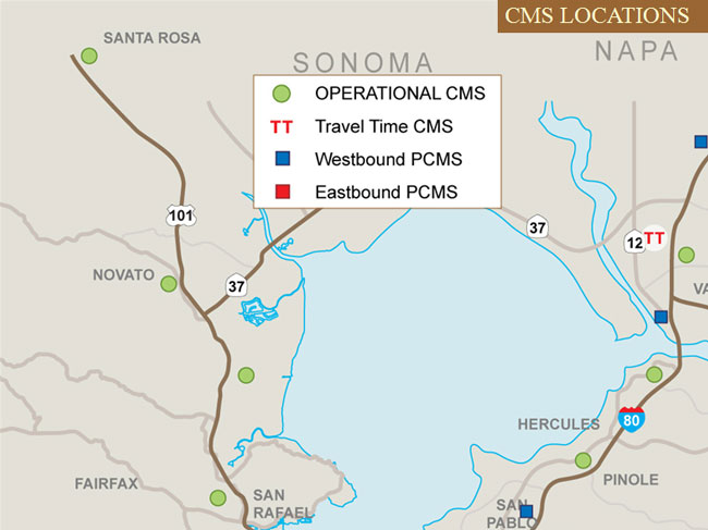 Map showing CMS locations in Sonoma and Napa area: six operational CMS on U.S. route 101 and three on I-80, one travel time CMS on route 12, and three westbound PCMS on I-80