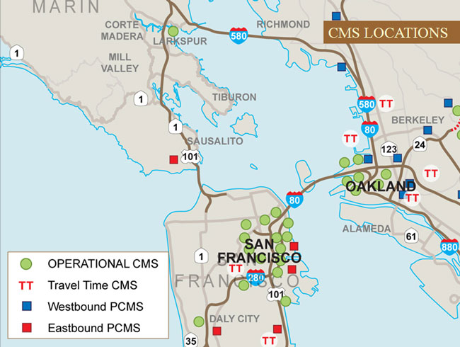Map showing CMS locations in of San Francisco, Oakland, and Marin County: one operational CMS in Marin County, 15 in San Francisco, and nine in Oakland; four travel time CMS in Oakland and two in San Francisco; nine westbound PCMS in Oakland, and four eastbound PCMS in San Francisco and one in Marin County