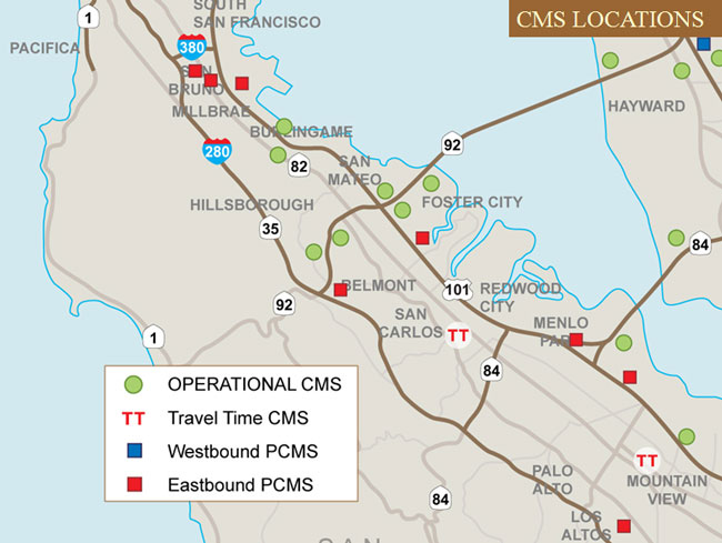 Map showing CMS locations in area south of San Francisco: nine operations CMS between Burlingame and Mountain View and four near Hayward; one travel time CMS nar San Carlos and one near Mountain View, one westbound PCMS near Hayward, and eight eastbound PCMS between San Bruno and Los Altos