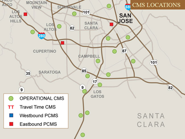 Map showing CMS locations near San Jose: 16 operational CMS and three eastbound PCMS