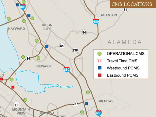 Map showing CMS locations near Alameda: 11 operational CMS, one travel time CMS, four westbound PCMS, and two eastbound CMS