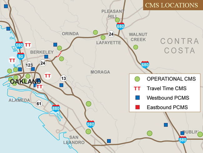 Map showing CMS locations in and west of Oakland: 17 operational CMS, four travel time CMS, and 12 westbound PCMS