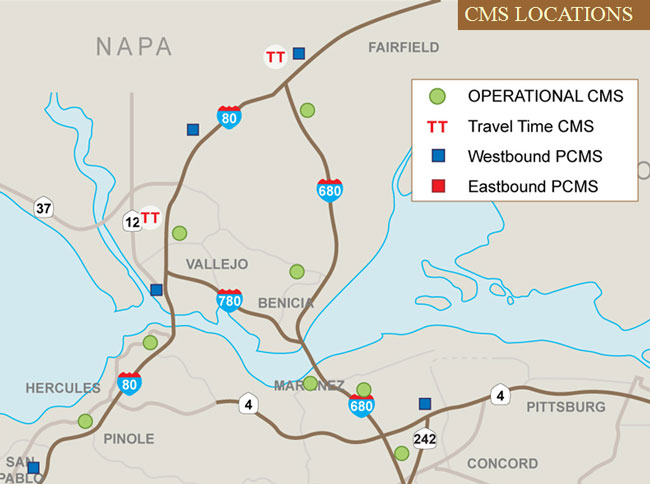 Map showing CMS locations near Napa: eight operational CMS, two travel time CMS, and five westbound PCMS