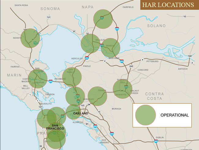 Map showing 14 highway advisory radio locations near San Francisco, Oakland, Berkeley, San Pablo, Orinda, Walnut Creek, Benicia, Vallejo, Novato, and San Rafael