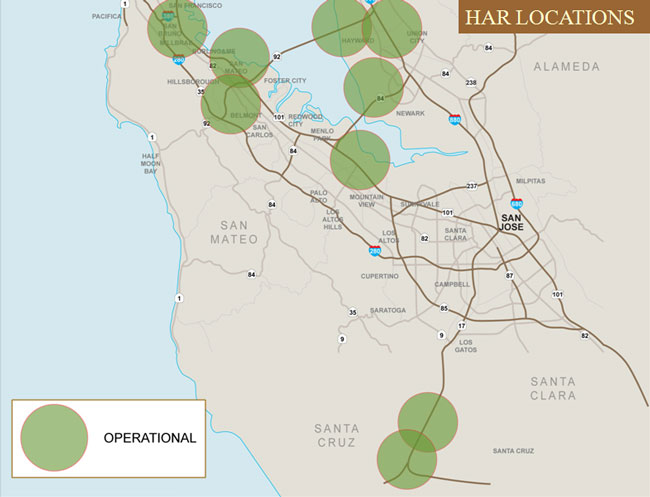 Map showing nine highway advisory radio locations near San Bruno, San Mateo, Belmont, Hayward, Union City, Newark, Mountain View, and Santa Cruz