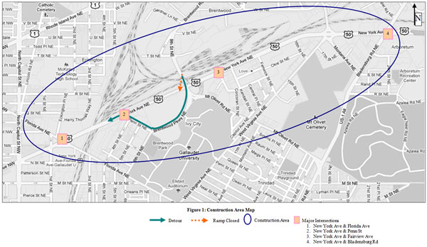 Construction area map of an area around New York Avenue NE in Washington, D.C., showing a detour onto Brentwood Parkway NE and Penn Street NE. Major intersections shown are New York Avenue with Florida Avenue, Penn Street, Fairview Avenue, and Bladensburg Road.