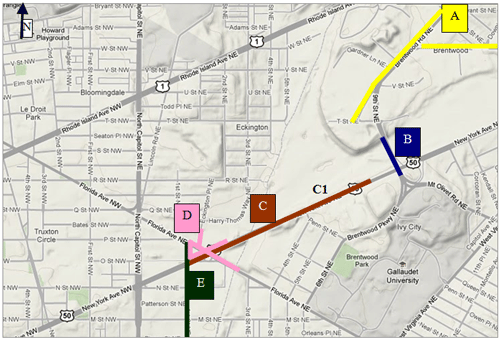 Map of the area around the intersections of New York Avenue, Florida Avenue, and North Capitol Street in Washington, D.C., with road projects A,B, C, D, and E marked.