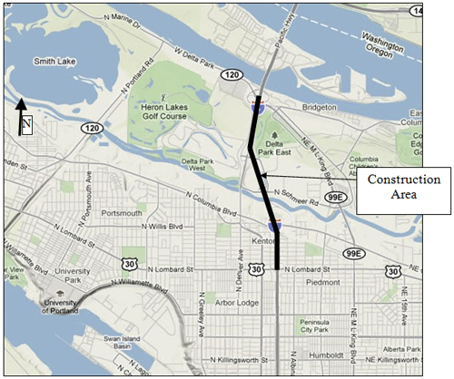 Map of the area around I-5 (Pacific Highway) in Portland, Oregon, showing a construction area on the part of I-5 between West Delta Park and North Lombard Street.