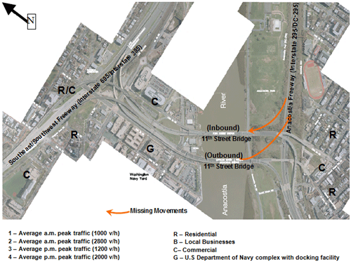 Map of the area around the 11th Street Bridges project in Washington, D.C.