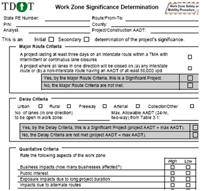 Portion of a Tennessee DOT work zone significance determination template, with areas for major route, delay, and qualitative criteria.