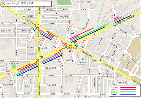 Map of the area around the intersections of New York Avenue, Florida Avenue, and North Capitol Street in Washington, D.C., with Baseline, Stage 1, Stage 2, and Stage 3 work zone assessment areas marked.