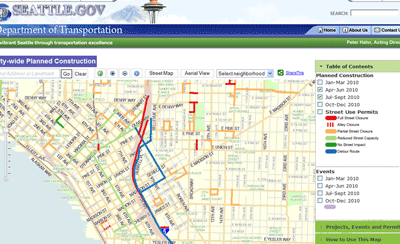 Screenshot of a Seattle Web site page showing city-wide planned construction projects.