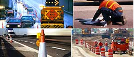 Photo collage of temporary lane closure, road marking installation, cone with mounted warning light, and drum separated work zones.