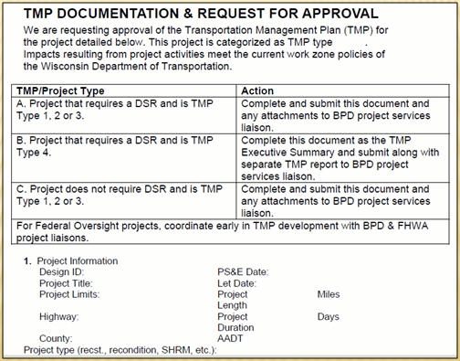 Screen shot of the WisDOT TMP Documentation and Request for Approval Form.