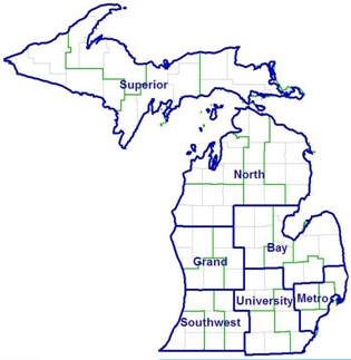 Image of a map of Michigan identifying the seven regional areas with representatives on the peer review team. The identified areas are the Superior, North, Grand, Bay, Southwest, University, and Metro regions.