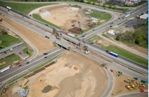 Aerial photo of final construction phase of a reconstructed overpass. 