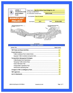Screen capture of the cover page of a sample RI Level 1 TMP Template for a Significant Project, including a project name, area diagram, and other pertinent information.