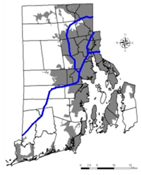 Map of Rhode Island with all its counties outlined and three major interstate routes highlighted.