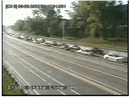 CCTV photo of the state line on I-95 showing bumper to bumper traffic far into the distance.
